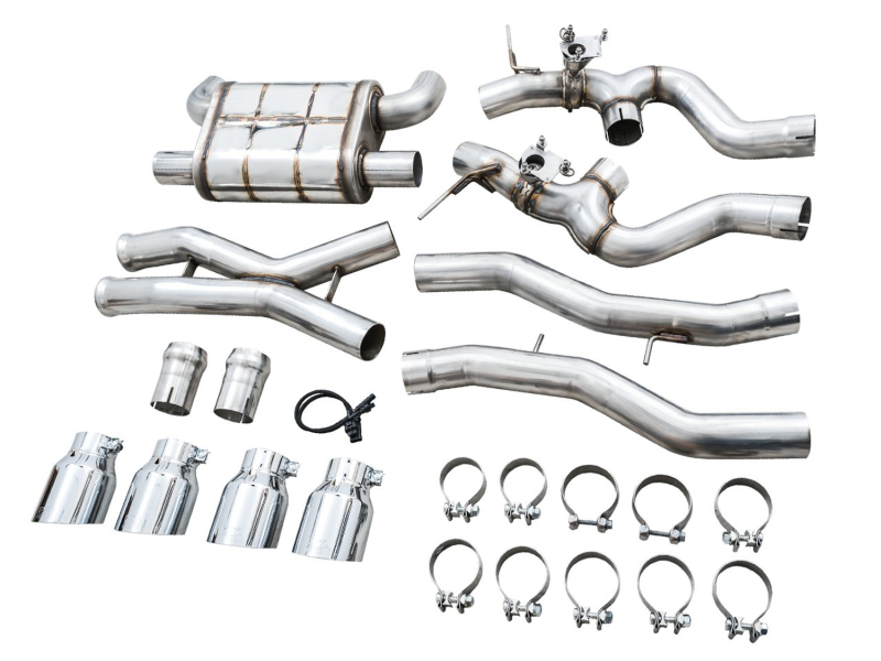 BMW M4 Performance Exhaust - AWE Tuning - SwitchPath Cat-Back, dual 3 in piping, quad 4.5 in double-walled slash-cut tips, valve-controlled with 180 Technology, 50-state emissions compliant - Chrome Silver Tips - `21-`27